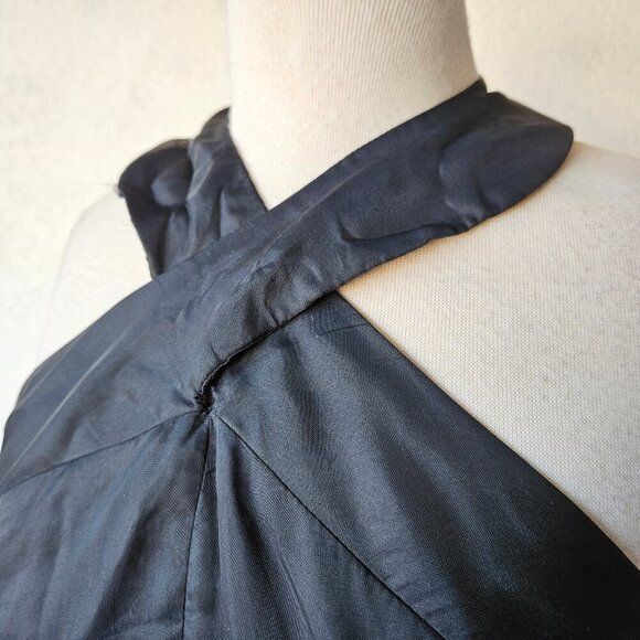 Vintage 70s Black Keyhole Cross Halter Lettuce Ruffle Hem Slit Maxi Dress Gown M - Picture 3 of 9